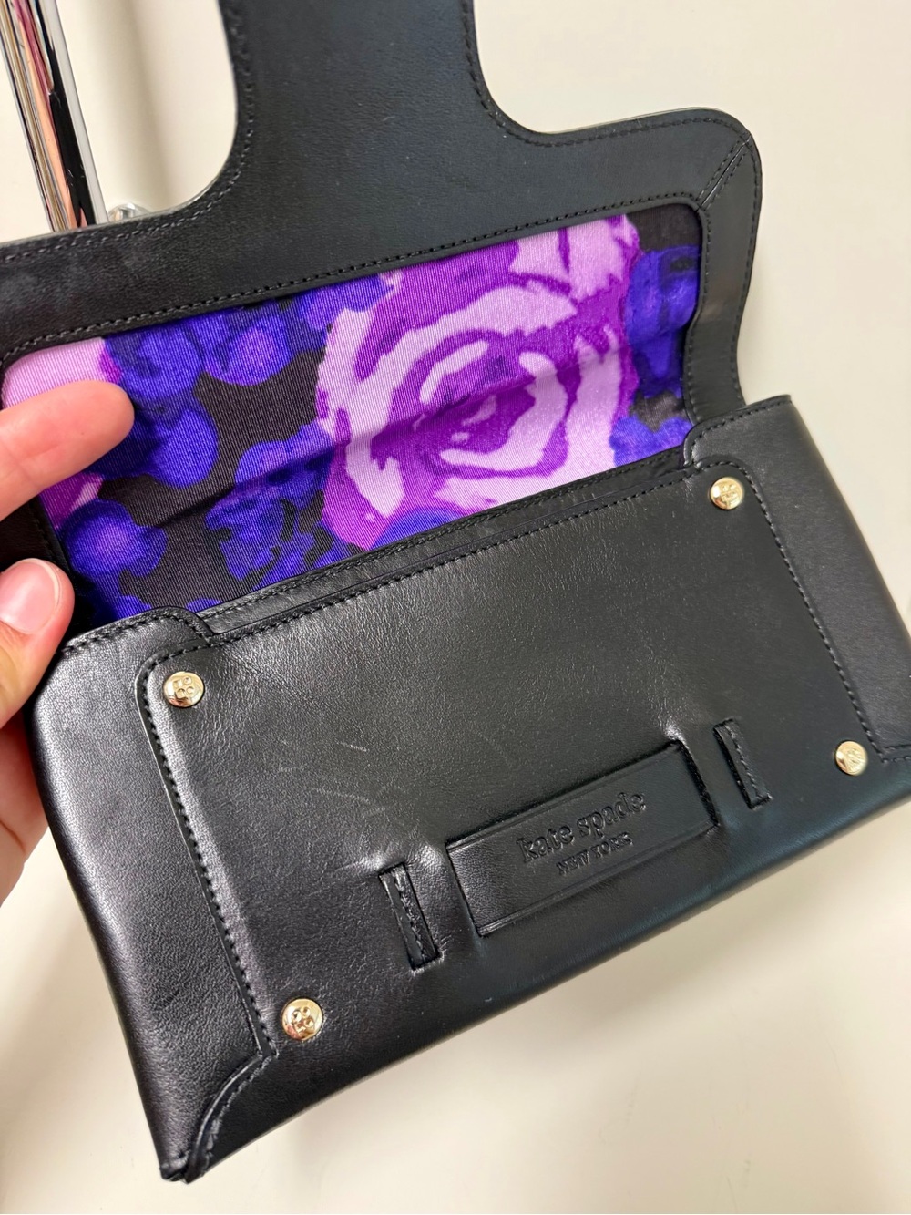 Kate Spade New York Black Leather Clutch Wristlet Gold Studs Purple Floral